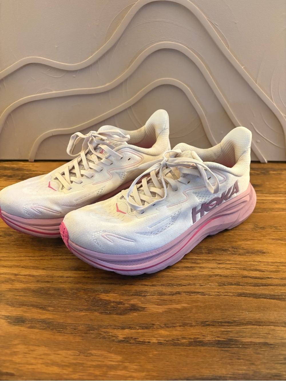 Hoka Women’s White and Pink Cushioned Road Running Sneakers